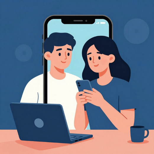 illustration of a young woman on her phone beside a young man, a laptop is on the table, and a phone screen is in the background